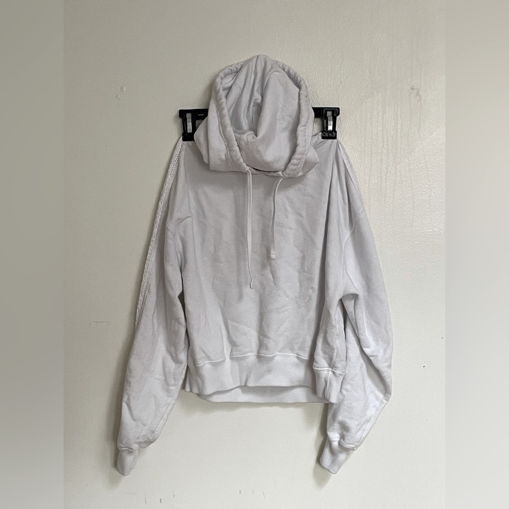 white crotchet-sleeve hoodie
